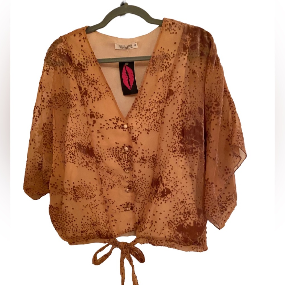 V neck button down tie waist top